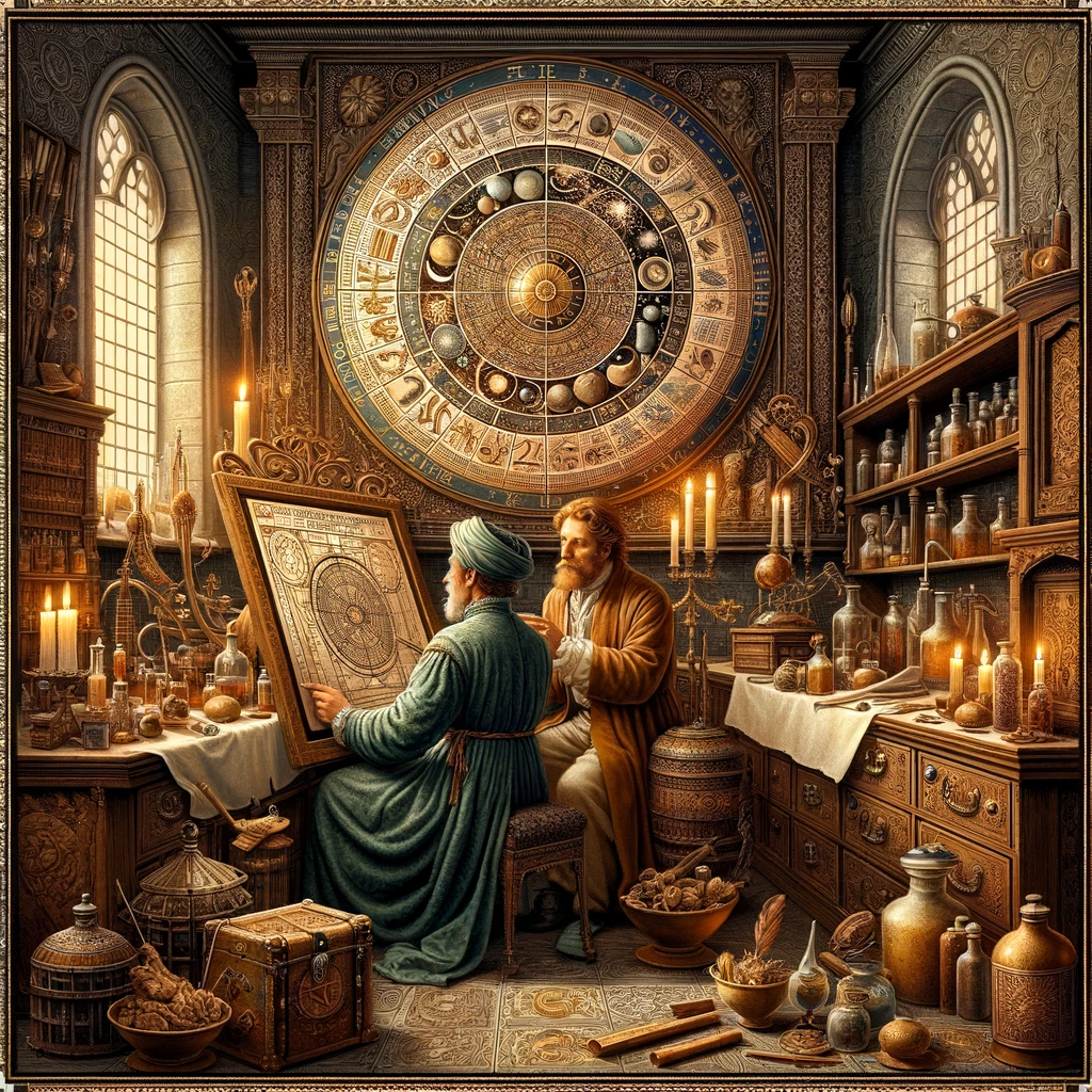 Médico astrólogo con su paciente en la Edad Media